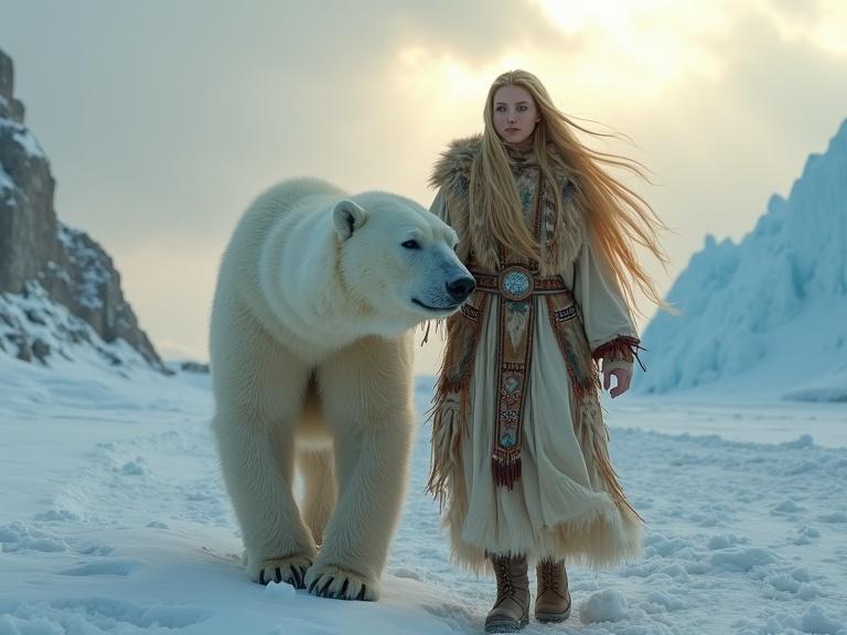 Cinematic scene with beautiful blonde woman in detailed parka. She walks across frozen landscape with ice ridges. Beside her is a massive polar bear. Woman scratches bear's ear. Background is icy with soft sunlight breaking through clouds. Textures on fur skin and ice are realistic. Composition is emotional and immersive.