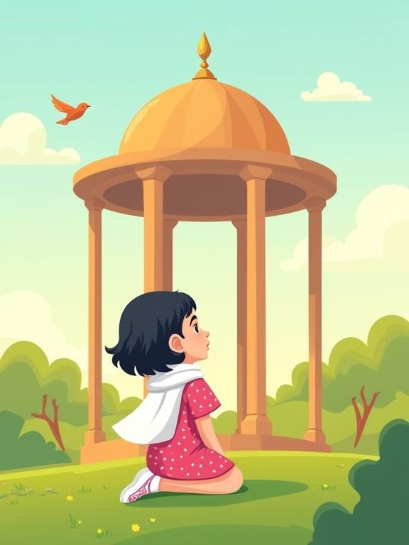 A digital illustration features a little girl kneeling on grass. She has short black hair and wears a white scarf. The girl is dressed in a pink polka-dotted dress and white shoes. Behind her is a wooden structure made of five pillars with a dome-shaped roof. The background shows green hills, trees, birds, and a soft blue sky with clouds.
