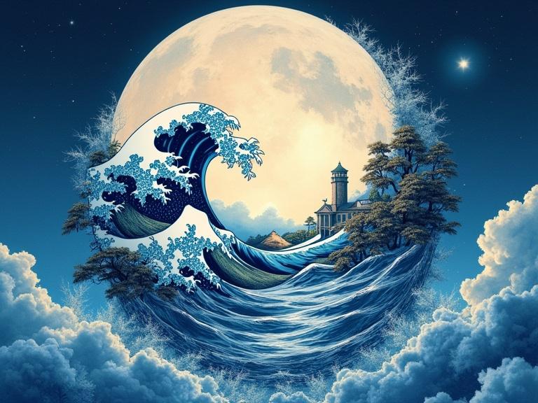 Surreal artwork combining the lunar cycle and water elements. Moon featuring wave and Victorian village. Sumi-e inspired. Hyper-detailed and intricate designs. Evokes serenity and contemplation.