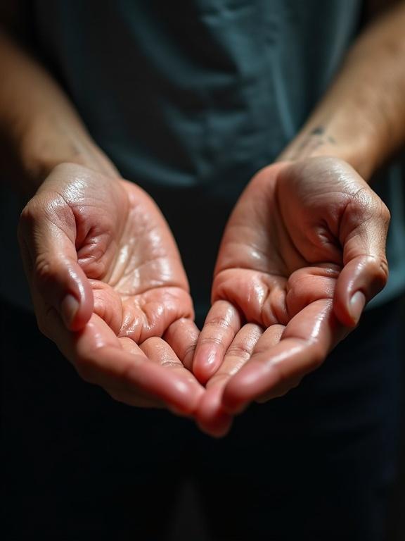Close-up of two hands showing glistening sweat drops. Hands are open and palms are facing up. The image features an exaggerated shiny effect emphasizing the skin. The setting conveys nervous energy with a crisp digital style.