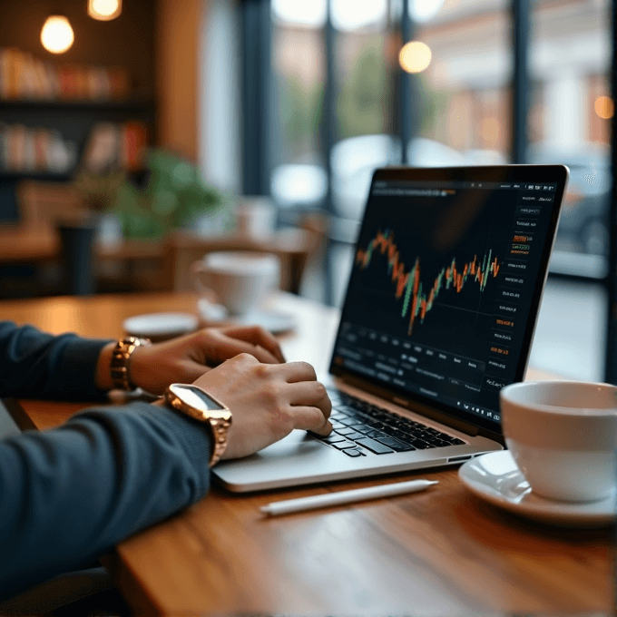 A person sits in a cozy cafe, focused on their laptop displaying a stock market chart.