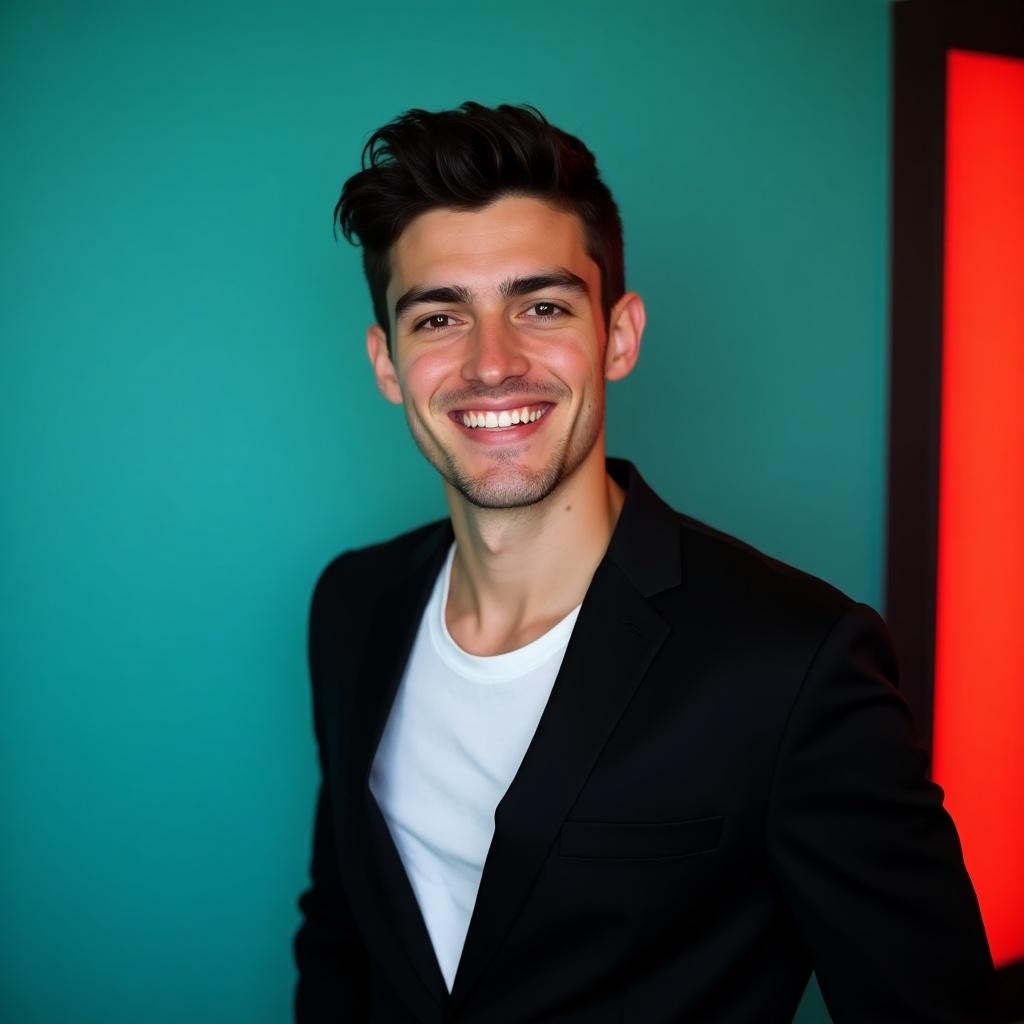 Young man with dark hair dressed in a black blazer over a white shirt against an aqua background with subtle red lighting, posing for a professional profile picture.