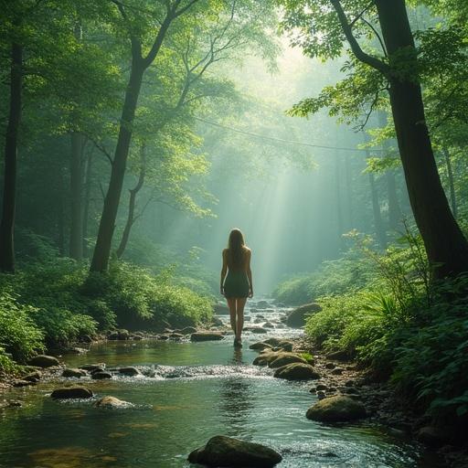 A lady walks in a breathtaking fantasy landscape. A gentle stream flows through a lush forest.