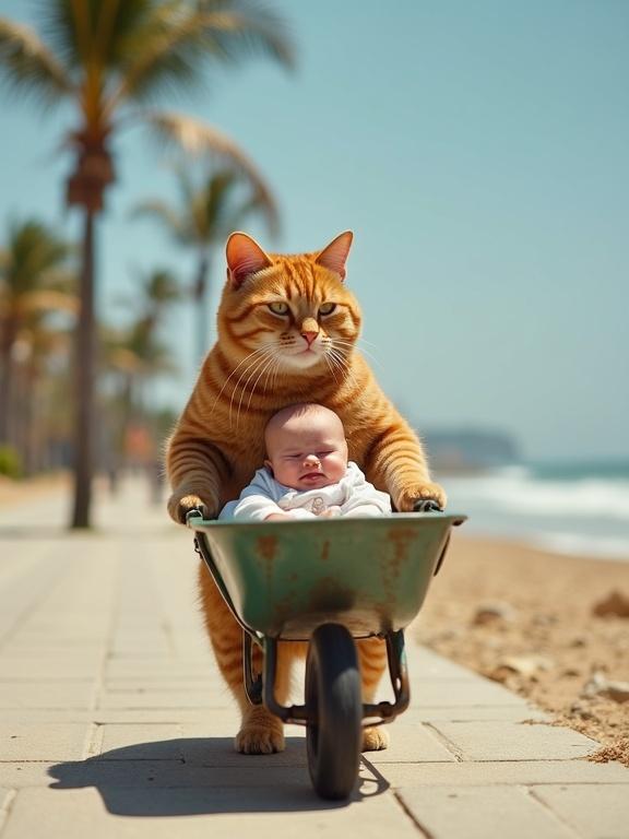Full shot of a chubby orange tabby cat walking on hind legs. Cat pushes a slightly rusty wheelbarrow. A small baby in a onesie sits in the wheelbarrow, crying. Scene is on a paved beach path with palm trees and the ocean. Cat shows a determined expression.