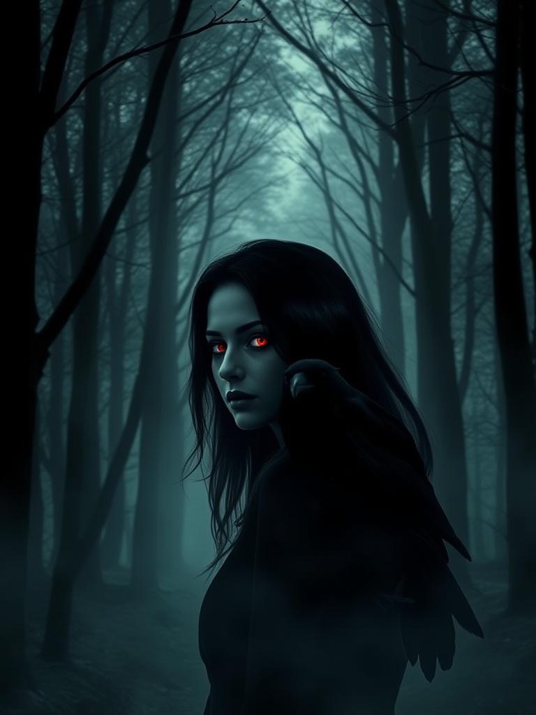 A mysterious woman with piercing red eyes stands in a dark forest, her presence commanding and ethereal. Clad in black, she gazes intensely towards the viewer, accompanied by a large raven perched on her shoulder. The forest around her is shrouded in a soft mist, with tall, bare trees creating a haunting silhouette in the dim light.