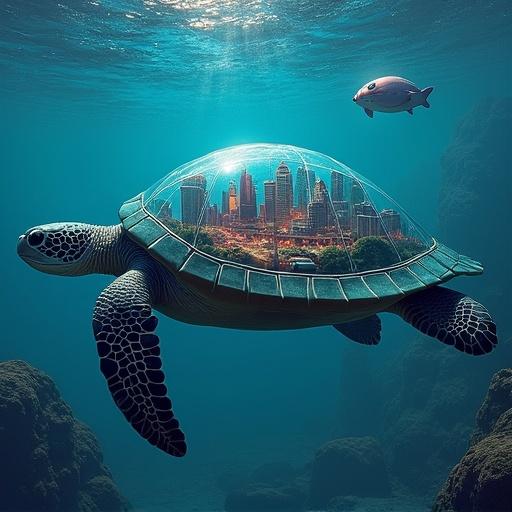 Giant sea turtle with glass shell showcasing futuristic city and flying cars under water. Professional photograph style with vibrant dark colors.