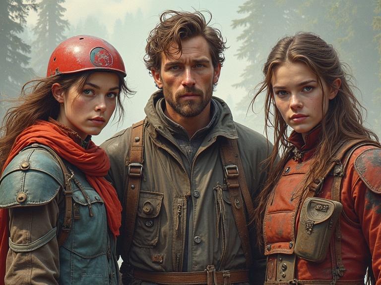 Three characters stand together in a forested area. They're dressed in rugged and colorful outfits. Character expressions reflect determination. Background shows misty trees. Atmospheric and cinematic quality.