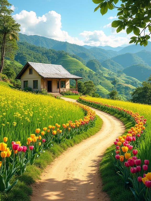 Image shows a serene rural landscape with a winding dirt path. Flowerbeds line the path with vibrant yellow pink orange and red flowers. A modest countryside house is positioned near the path with a light beige color and a corrugated metal roof. In the background lush green hills and terraced mountains are visible under clear blue skies.