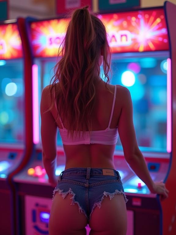 A young woman enjoys an arcade game while wearing a crop top and high-cut shorts. Vivid neon lights illuminate the bustling arcade ambiance. Capture the charm in high resolution with some soft edges.