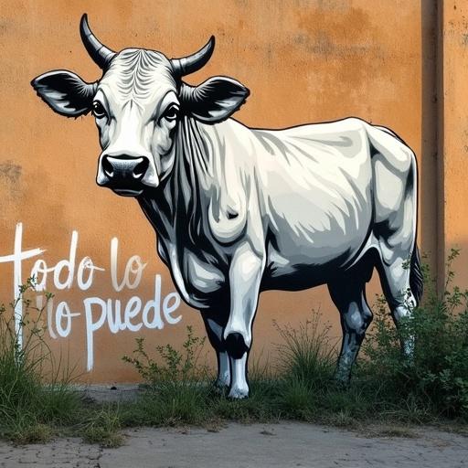 Urban photorealistic background with worn brick wall warm daylight shadows add graffiti in urban style thick edges pronounced shadows white spray effect 3D effect defined outlines large left margin saying: 'el amor todo lo puede' subtle cartoon cows grazing green grass graphic elements blended in background for depth