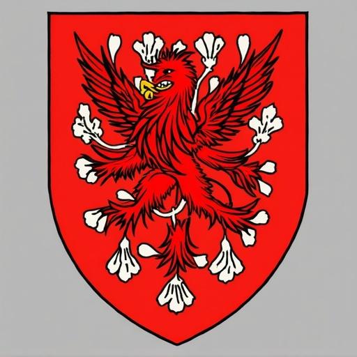 Create a stamp design featuring the coat of arms of Navarre. The coat of arms includes a red shield with a stylized griffin. The griffin is depicted in red with elongated wings and claws. Flowers surround the griffin in a decorative pattern. The colors are vibrant against the shield background.