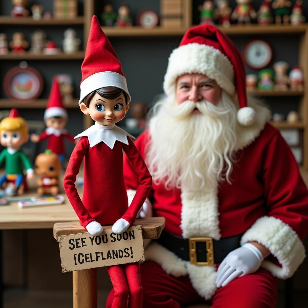 Elf on the shelf in red outfit with white trim and collar holding a sign saying ‘See you soon Clellands!’ with Santa in toy workshop background with Funko Pops