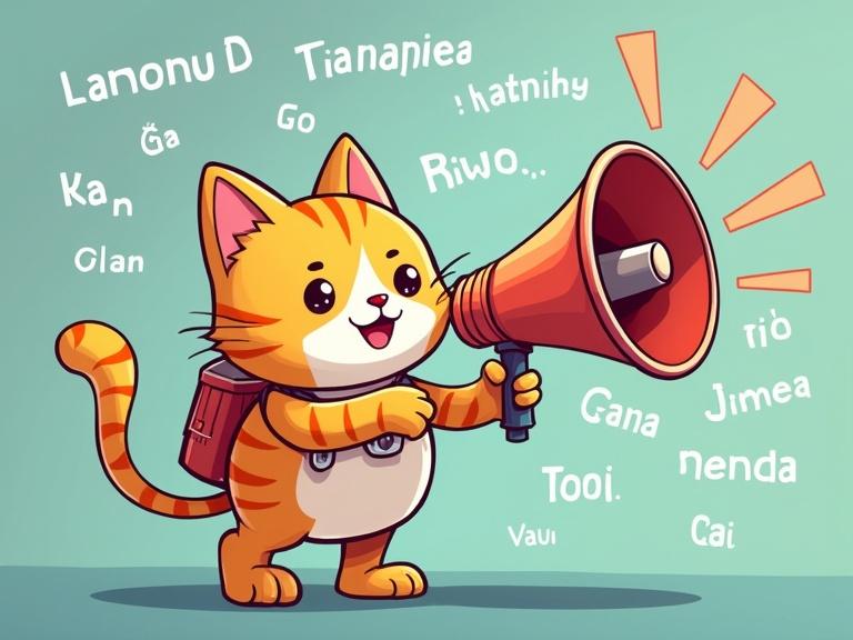 Kiki the cat chatbot holding a megaphone shouting multilingual announcements with waves of words flowing through Discord servers.