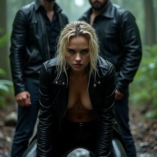 A woman crouches in a forest. She has light blonde hair. She is in her 20s to 30s. She wears a wet black leather biker coat that is open at the front. Her chest is bare. She also wears black leather pants. Water droplets are on her jacket. She shows a serious expression. Two men in dark leather jackets stand behind her. The forest is dense and dark. The ground is muddy. Rain is falling. The lighting is dim and diffused. Shadows are cast, emphasizing the drama.