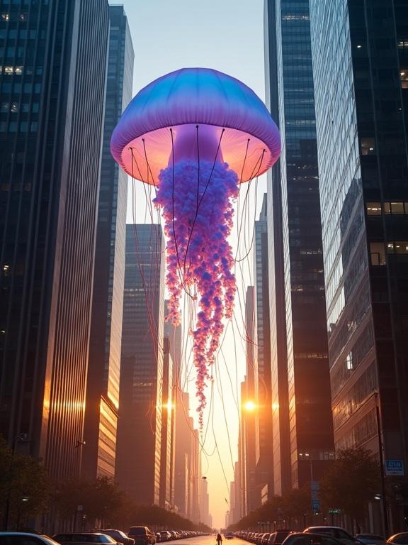 A colossal ethereal bioluminescent jellyfish drifts between skyscrapers during golden hour. The setting sun casts silhouettes and reflections on the glass buildings. The jellyfish glows with iridescent hues among the urban landscape. Translucent tendrils interact with the city. Wide street-level shot emphasizes its scale with dramatic lighting. Surreal and breathtaking atmosphere evokes astonishment.