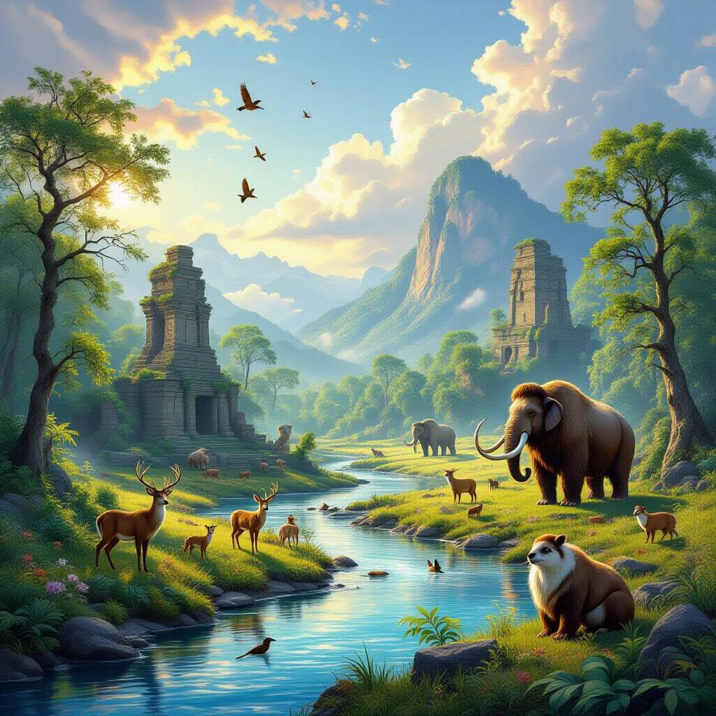 A serene landscape where the past and present coexist harmoniously. A lush forest with diverse wildlife. Deer grazing peacefully. Birds soaring through the sky. A crystal-clear river meanders through the scene. Ancient ruins covered in moss and vines. Prehistoric creatures like a woolly mammoth. A beautiful sky with a gradient from sunrise to sunset. Evokes tranquility and unity with nature.