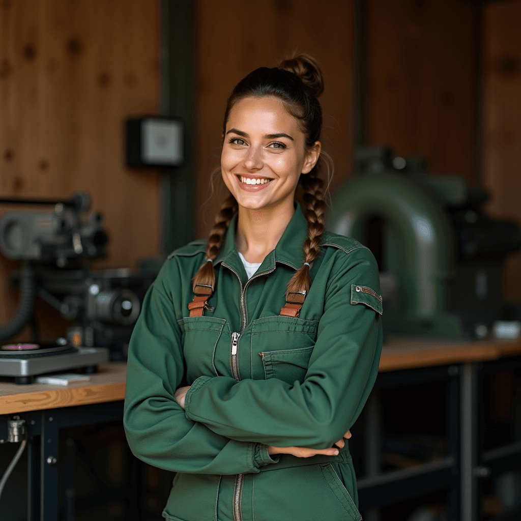 A person in a green uniform smiling confidently in a workshop.