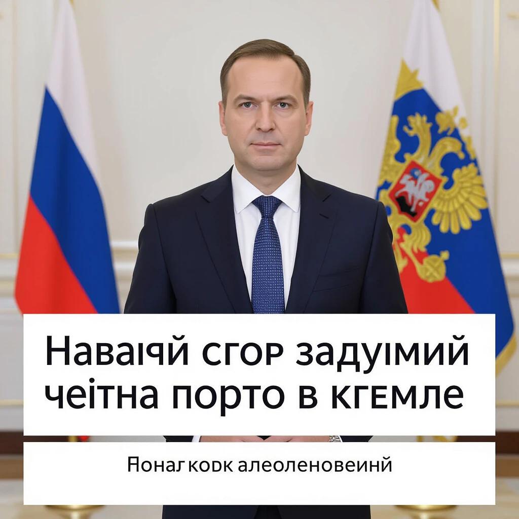 Person in formal attire stands in front of a backdrop with Russian flags and emblems. Image relates to political themes in Russia.