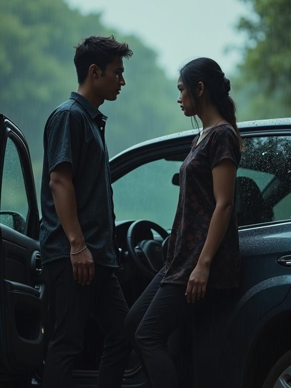 A young Indonesian couple stands by a car during the rain. The man wears a batik shirt. Tension fills the air. They exchange silent glances. The scene captures emotional intensity and connection.