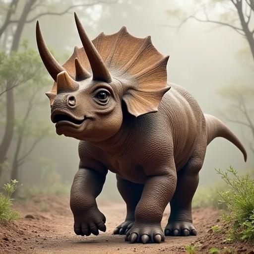 A realistic depiction of a triceratops dinosaur in a natural environment. The dinosaur is shown walking on a forest path. It has three prominent horns and a frill at the back of its head. The background features a lush, green landscape with soft lighting.