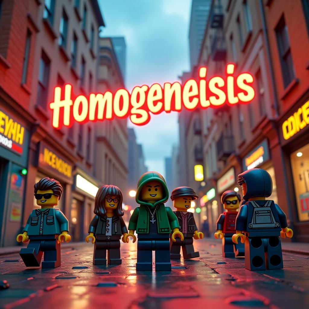 In a vibrant LEGO City, a group of friends is on a mission. They spread colorful graffiti while evading authorities. One character paints eye-catching tags, another performs skateboard tricks to distract onlookers. A third character deciphers hidden clues, and a fourth lights up their path. They are unveiling a mysterious message leading to a massive street art display with the words: Homogeneisis – November 29.