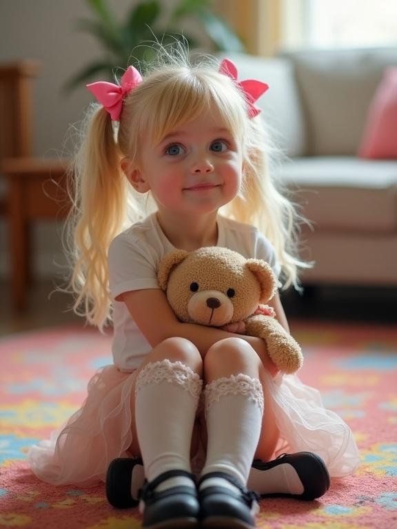 A bashful girl with long blonde twin tails and pink bows sits on a colorful rug in a soft-lit living room. She wears a short white shirt and a pale pink skirt with thigh-high socks with lace. She holds a teddy bear and glances up with innocent curiosity.