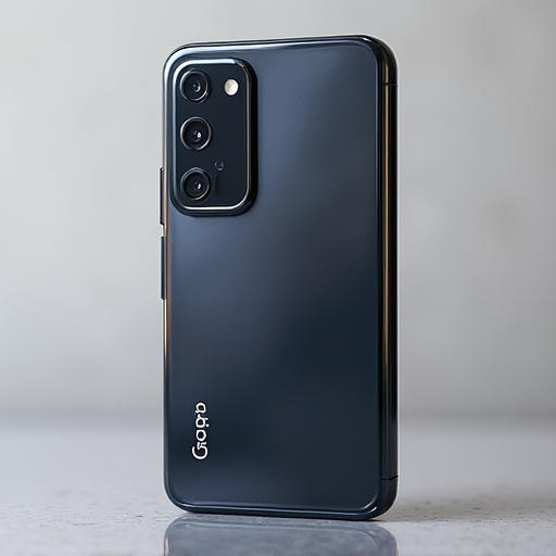 Image of a smartphone positioned for display. Focus on the back design in a clean environment. Suitable for showcasing mobile technology.