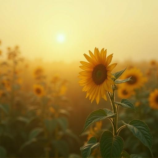 Dreamy surreal movie still of a misty sunflower field. Hazy atmosphere during golden hour. Single sunflower prominently displayed.