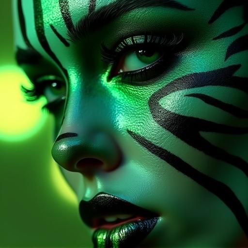 Ultra-realistic close-up of a human face with bold black-and-white tribal stripes like zebra patterns. Luminous emerald eyes and neon green accents on glossy ombré lips. Smooth skin texture and soft gold-green bokeh lights in background under cinematic lighting.