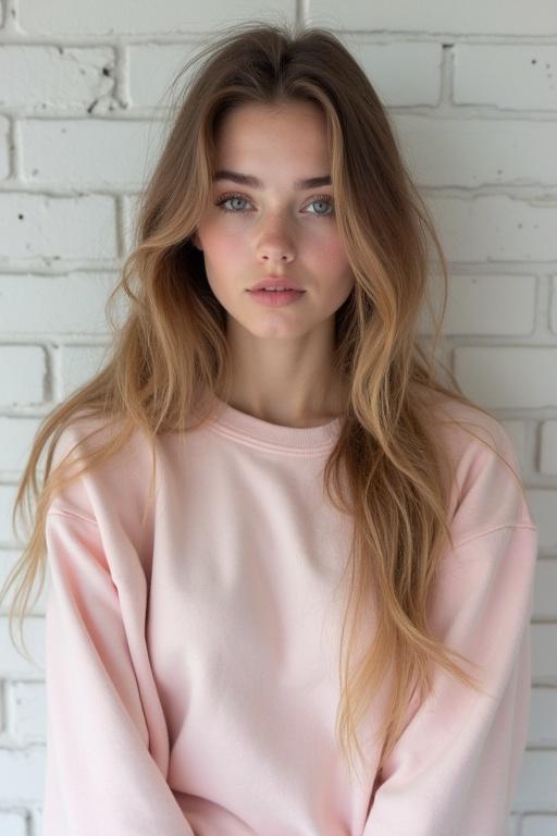 Photorealistic portrait of a young English girl with a serious expression. She is wearing a pastel sweatshirt. Background features a white brick wall. Her face is beautiful and angelic. Soft pastel color theme predominates.