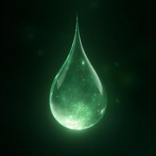 Crystal-clear tear drop shimmering with green hues floating in darkness. The tear glows softly with inner light. Subtle shades of emerald and jade reflect in the droplet. Tiny sparkles dance within, creating an ethereal quality. Deep black or dark green background softly illuminated by the glow. Highly detailed close-up in fantasy art style, focused on purity and magical elegance. Soft, diffuse lighting emphasizes its translucent texture.