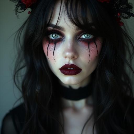 Generate a beautiful Caucasian goth woman with pretty dark moody makeup. She has a rose crown adorned in her hair. The lighting is soft and creates a mysterious atmosphere. The colors are primarily dark tones with hints of red. The overall feel is ethereal and melancholic.