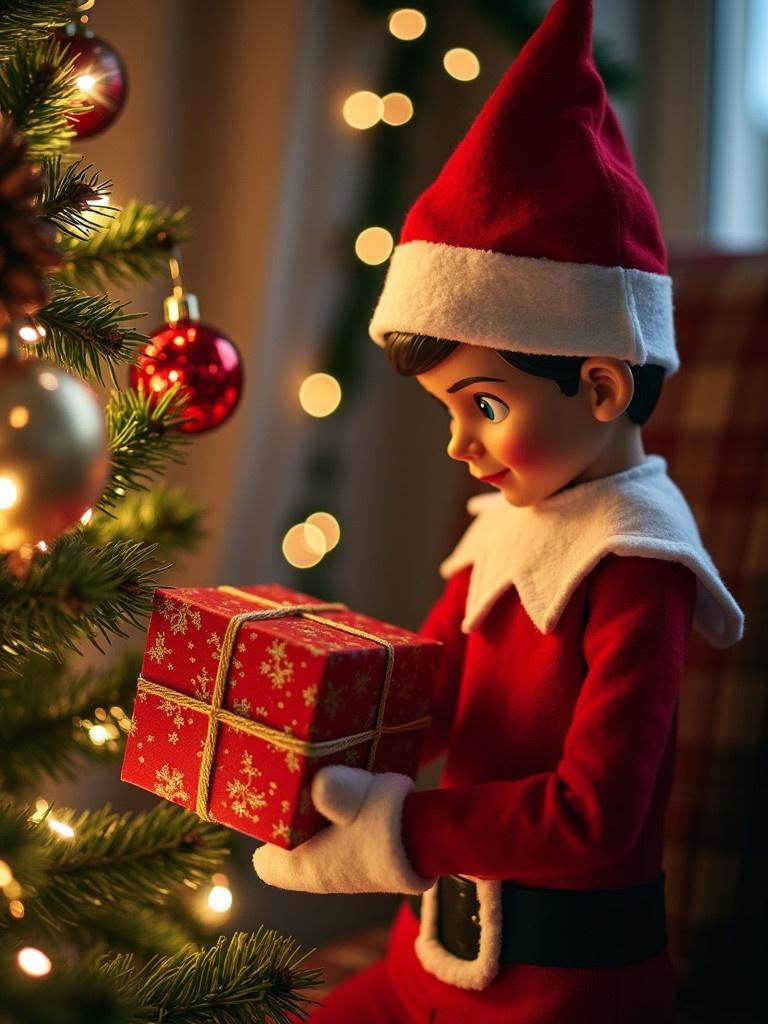 A boy elf on the shelf dressed in Santa attire holds a wrapped present in front of a Christmas tree. The tree is decorated with baubles and lights. A cozy indoor atmosphere is visible.