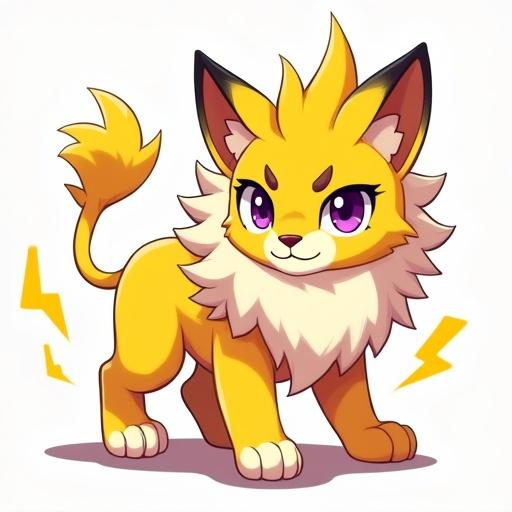 Cute anime lion bursting with energy. Bright yellow fur with dark ear accents. Fierce expression with purple eyes. Spiky fur and prominent white ruff. Tail raised in curiosity, head facing forward. Front left paw lifted for motion, rear legs grounded for balance. Side view positioning.