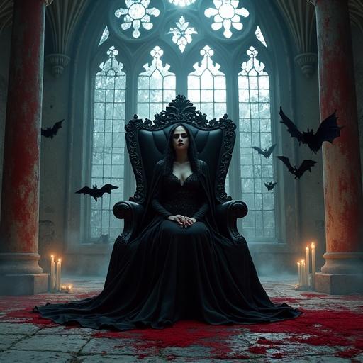 A vampiric queen sits regally on an obsidian throne. Ruined Gothic hall with broken stained glass. Moonlight filters through, casting glow. Bats swirl above. Queen wears a long cape. Atmosphere is regal and macabre. Candles flicker softly in the grandeur.