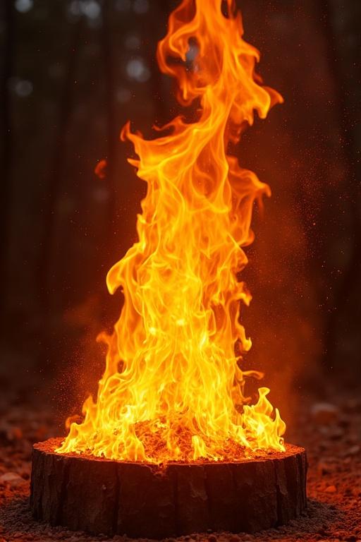 Visual of flames rising from a log in a forest setting. The fire burns brightly with orange and red hues. The background is blurred, focusing on the fire.