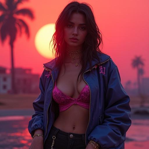 Model in open jacket with cleavage against sunset sky. Retro synthwave themes. Urban landscape in background. Text overlay: The Digital.