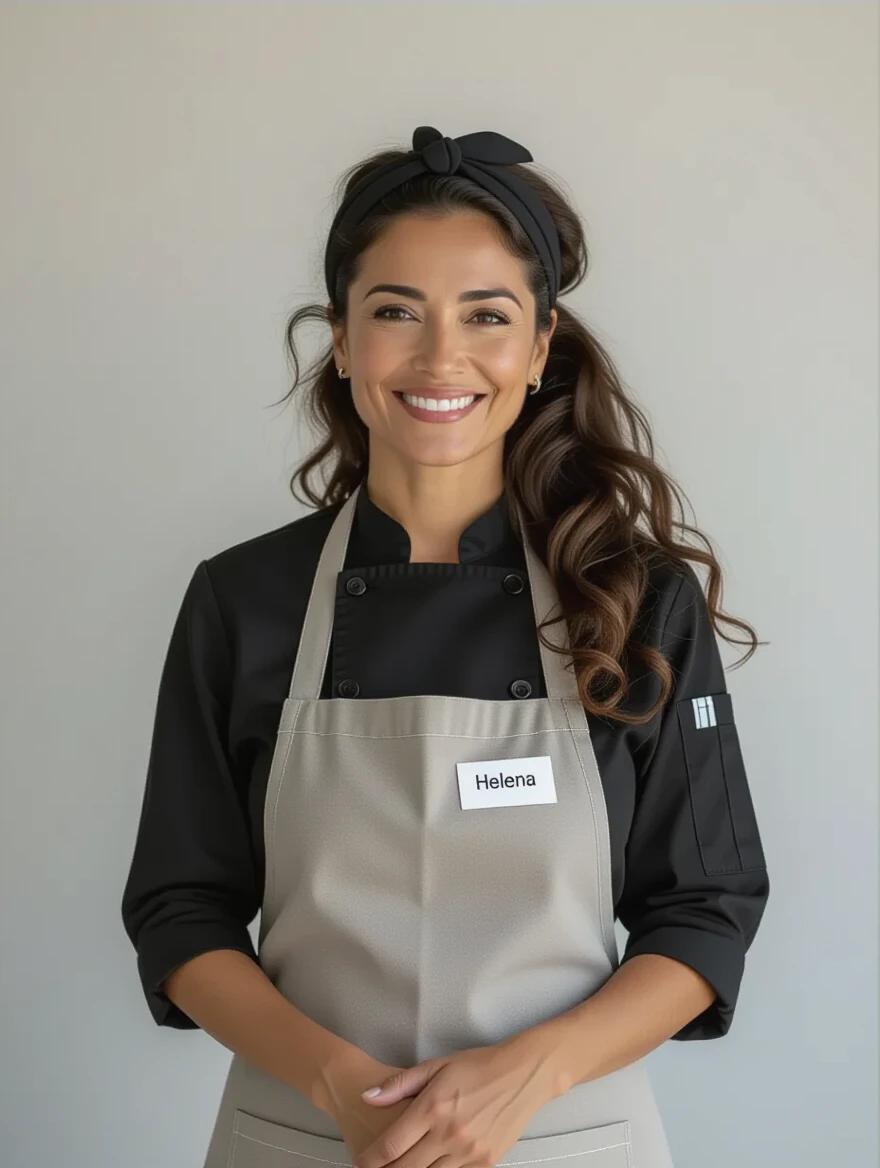 A Brazilian woman wearing an apron stands with a gentle smile. The apron has a name tag reading 'Helena.' The background is a light-colored wall creating a calm ambiance. The woman wears a black chef's shirt beneath the apron. She has olive skin and long curly hair styled back with a black headband. This suggests a kitchen or culinary setting.