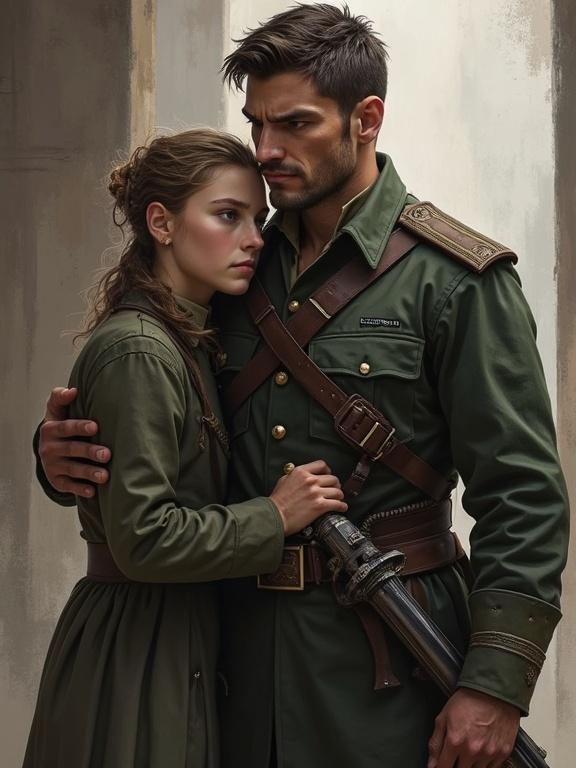 A soldier and a woman embrace in a moment of emotional connection. The soldier wears a military uniform while the woman is in a dress. Both display feelings of love and concern. The scene is set against a neutral background. The overall atmosphere is intimate and heartfelt.