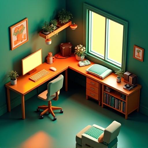 Gamer's room featuring RGB furniture in isometric perspective. Green and orange color palette dominates the scene. Blocky shapes create a high contrast visual atmosphere. Furniture includes desk, computer, chair, plants, and shelving.
