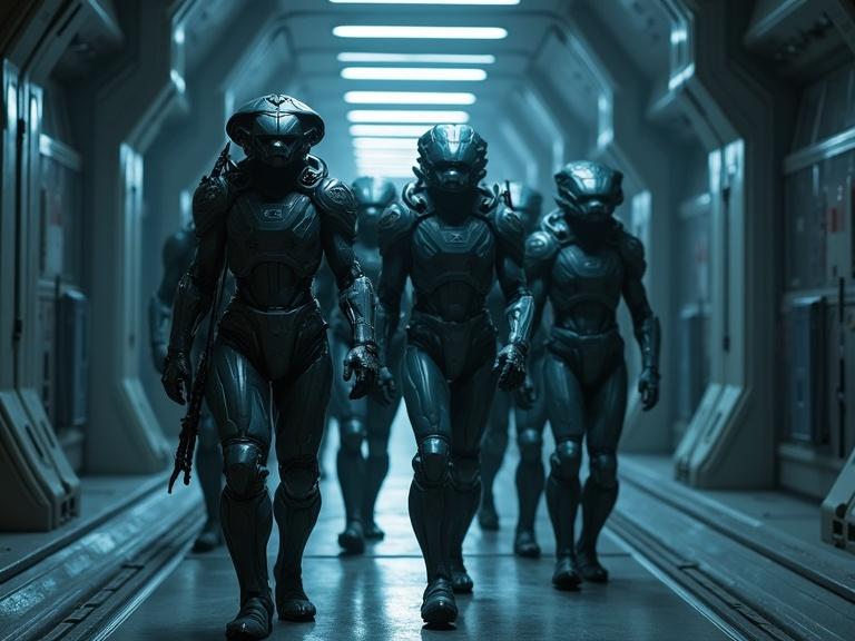Cinematic scene featuring buff humanoid lion alien soldiers in sci-fi military suits. Set in a grey metal sleek bevel ship corridor with a dark atmosphere. Shadow play with detailed textures in 4k resolution. Blue filter enhances realism and specular effects.