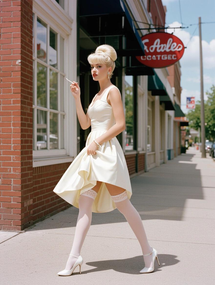 Side view of a woman from the 1960s. She has updo platinum blonde hair. Holding a cigarette. Wearing an ivory sundress. Long legs with garters. Thigh high ivory stockings with thick white stocking tops. Standing on a small town sidewalk. Wind blowing up her dress.