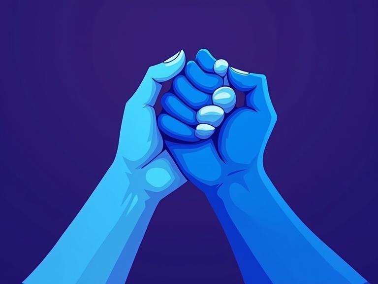 Vibrant visual showing two masculine hands, gripping each other, rendered in blue shades. Abstract theme with darker purple background enhancing focus. Suggests support, connection, or solidarity.