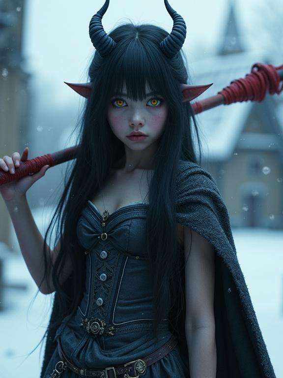 Photorealistic image of a cute young devil woman. She has long black hair and small horns. Her skin is smooth deep blue. Vibrant yellow eyes and an athletic build. A sad expression is on her face. Wearing a sleeveless corset dress with a heavy cloak. Standing in a snowy medieval village. A long lance rests on her shoulder.