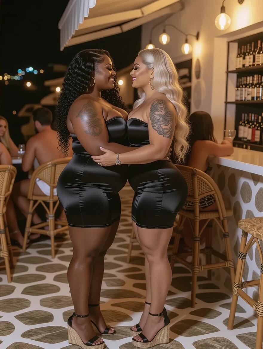 Two thick women in satin black dresses embracing and preparing to kiss. One woman has long black curly hair and the other has long blonde wavy hair. Night scene at a bar in Mykonos with couples around.