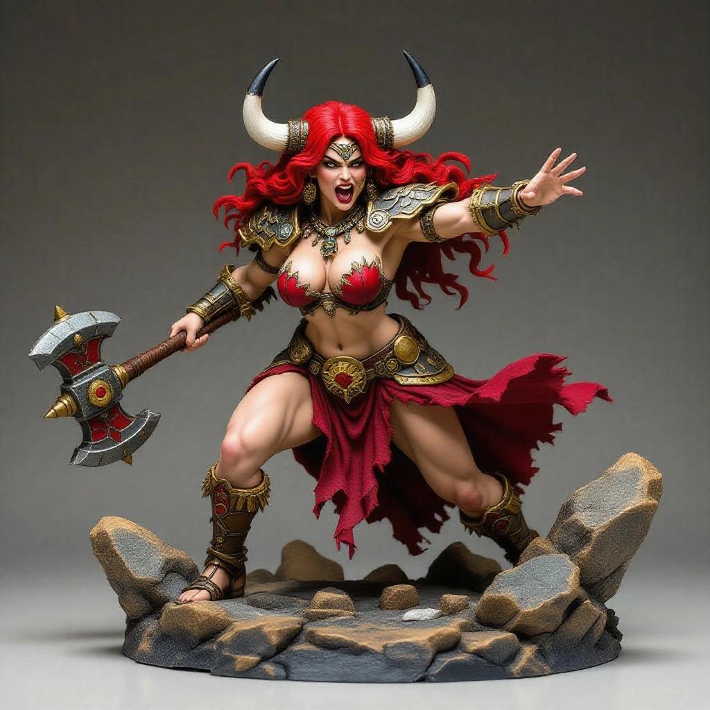 Resin figure of a strong woman with red hair and bull horns in an action pose. One leg steps forward, arms raised wielding a war mace. She is in heavy armor with red and gold details. Torn dress flutters in motion. Base is rocky with cracks. Mythological style, fierce expression.