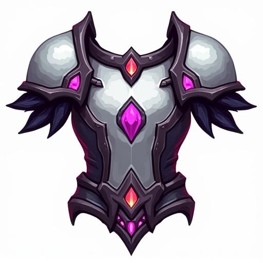 Icon for a legendary breastplate with silver and white colors. Features purple, black, and red accents. Designed for a card game. Style inspired by World of Warcraft. Transparent background. Size is 48 x 48 pixels.