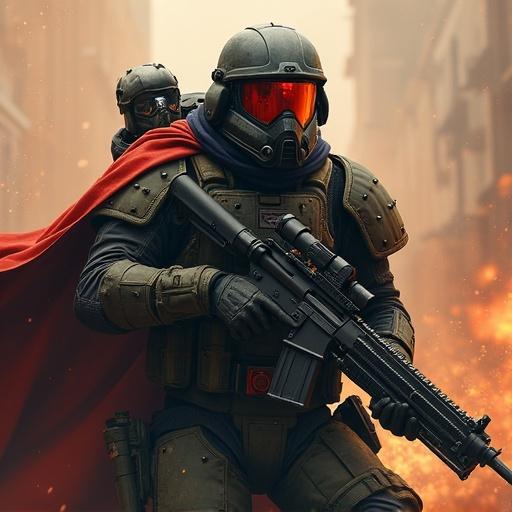 A Helldiver character depicted in an intense battle scene. Character wears a helmet and a red cape. Character holds a rifle with a determined expression. A background filled with smoke and sparks adds an element of action.