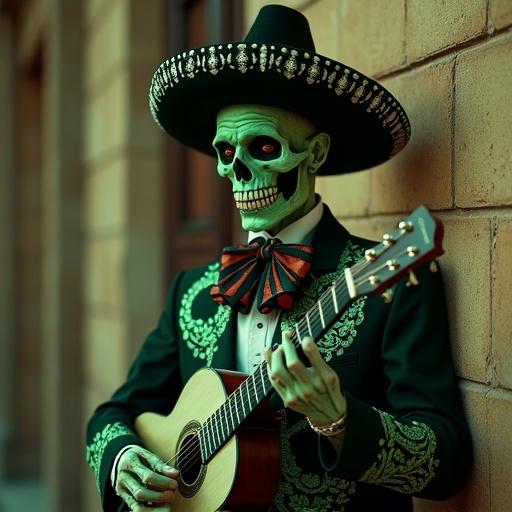 Skeleton with green skin dressed as a mariachi. Holding a guitar and standing against a wall. Features a sombrero and vibrant outfit. Captures Mexican cultural themes.