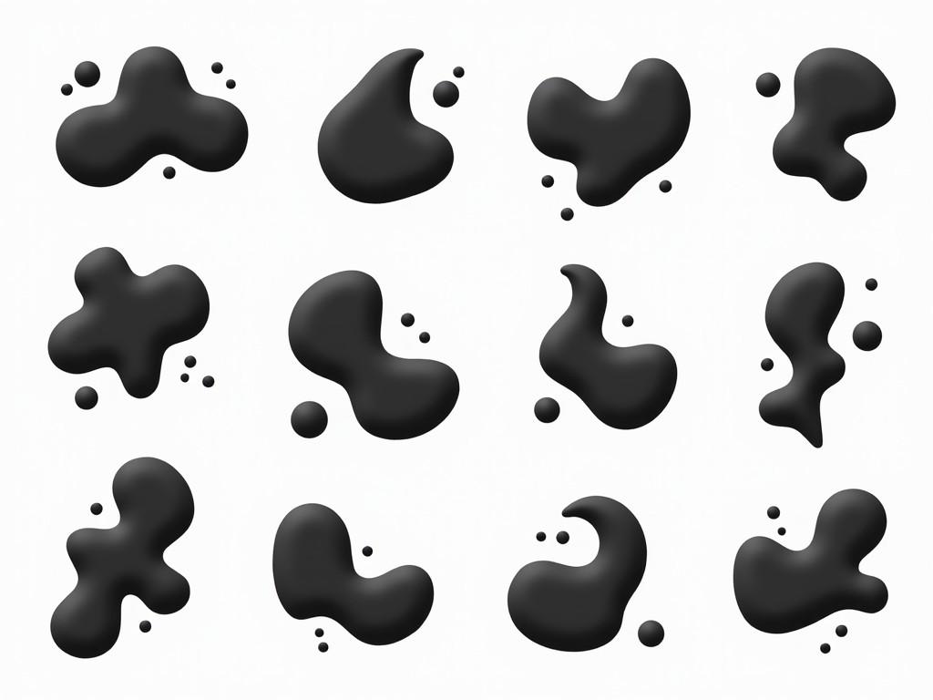 This image features a grid of various black, organic blobs against a light background. Each blob differs in shape and size, creating a playful and abstract visual. The designs resemble paint or fluid elements and include both solid shapes and scattered smaller dots. The arrangement is symmetrical, showcasing a variety of forms that can be useful for various creative projects. This collection can be used in graphic design or as inspiration for artistic endeavors.